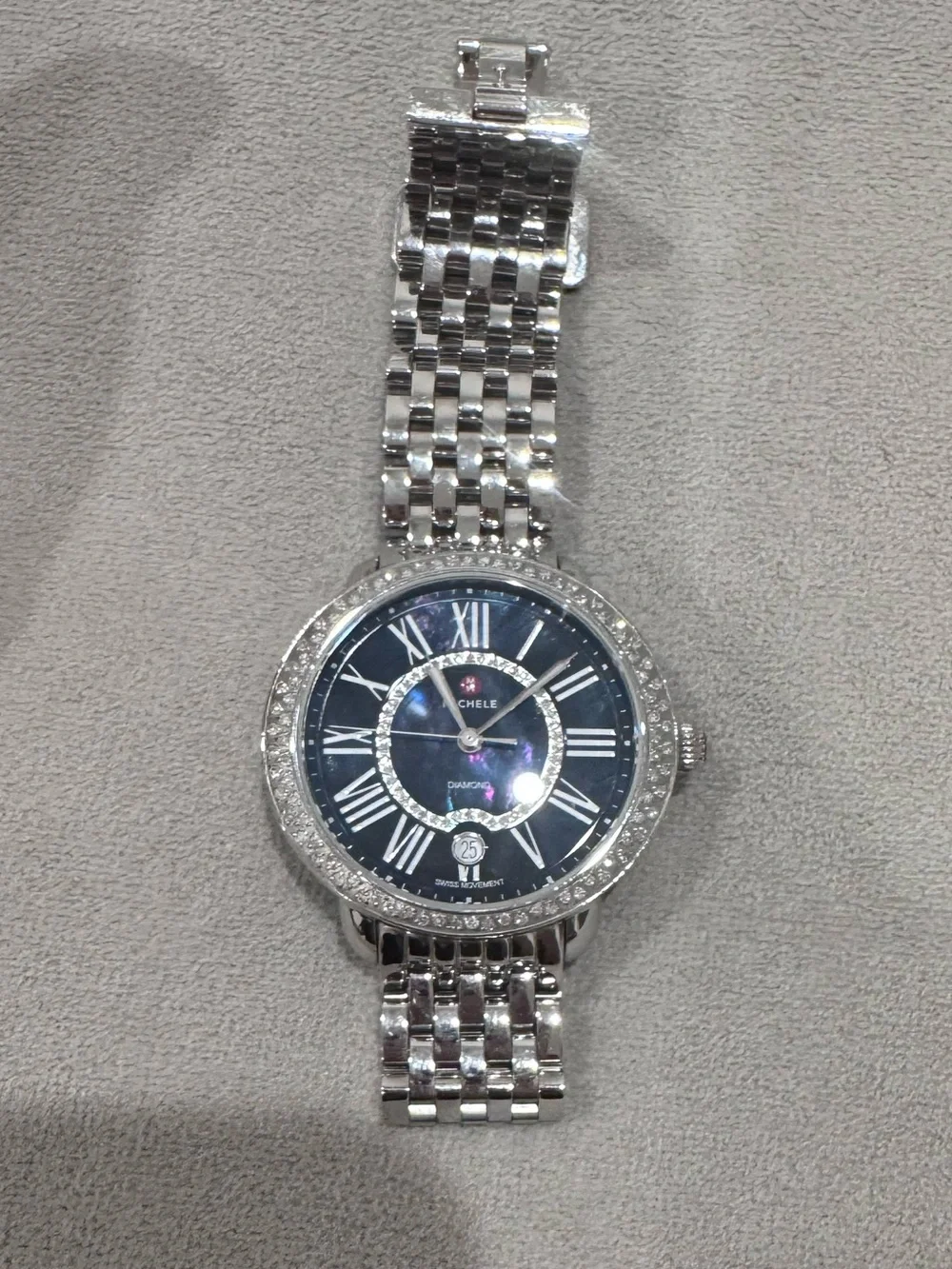 Michele Serein Collection Silver Bracelet Black MOP Dial Diamond Bezel Watch